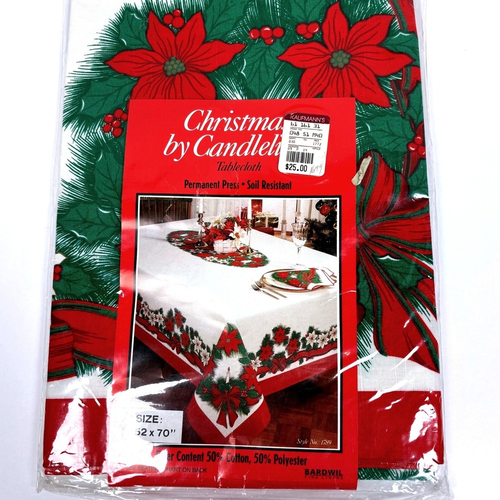 Vtg 80s Bardwil Christmas by Candlelight Tablecloth  52x70 PoinsettiaGarland NIP